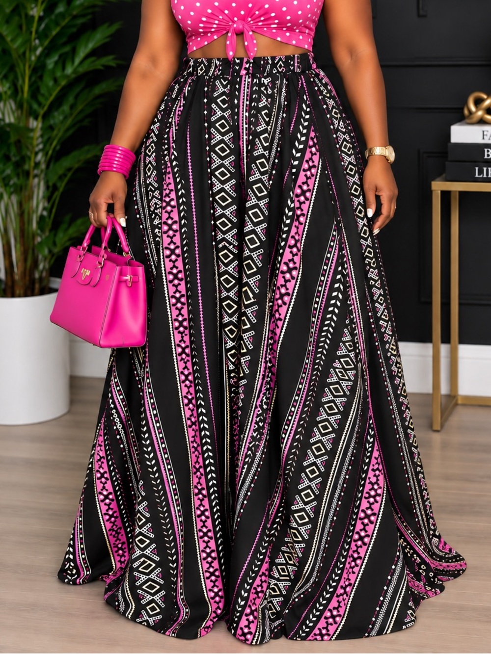 Boho Maxi Skirt in Black & Pink - Women's Flowing Skirt